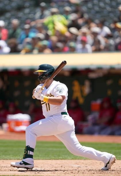 Jacob Wilson of the Oakland Athletics bats against the Los Angeles Angels in the bottom of the third inning at RingCentral Coliseum on July 20, 2021...