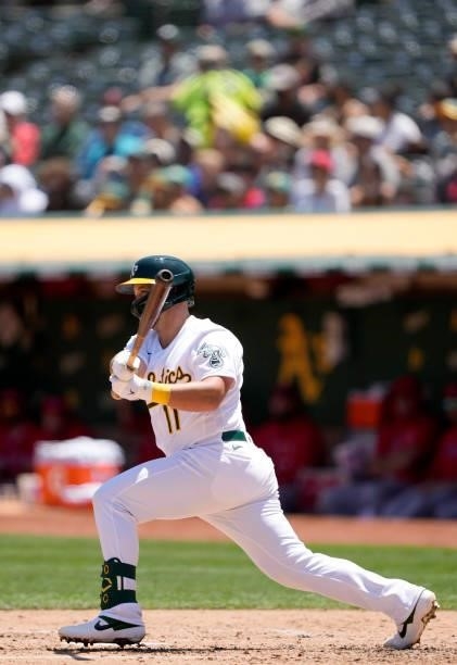 Jacob Wilson of the Oakland Athletics bats against the Los Angeles Angels in the bottom of the third inning at RingCentral Coliseum on July 20, 2021...