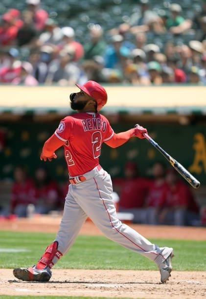 Luis Rengifo of the Los Angeles Angels bats against the Oakland Athletics in the top of the fourth inning at RingCentral Coliseum on July 20, 2021 in...