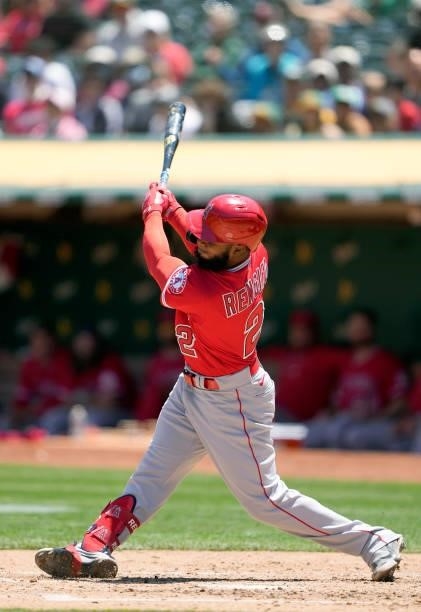 Luis Rengifo of the Los Angeles Angels bats against the Oakland Athletics in the top of the fourth inning at RingCentral Coliseum on July 20, 2021 in...