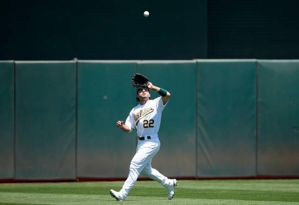 Ramon Laureano of the Oakland Athletics catches a fly ball off the bat of David Fletcher of the Los Angeles Angels in the top of the fifth inning at...