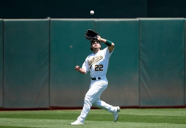 Ramon Laureano of the Oakland Athletics catches a fly ball off the bat of David Fletcher of the Los Angeles Angels in the top of the fifth inning at...