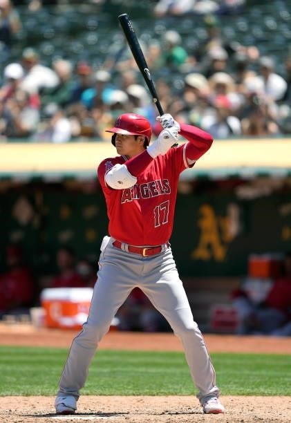 Shohei Ohtani of the Los Angeles Angels bats against the Oakland Athletics in the top of the fifth inning at RingCentral Coliseum on July 20, 2021 in...