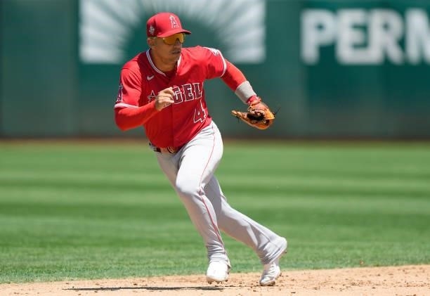Jose Iglesias of the Los Angeles Angels reacts to a ground ball against the Oakland Athletics in the bottom of the fifth inning at RingCentral...