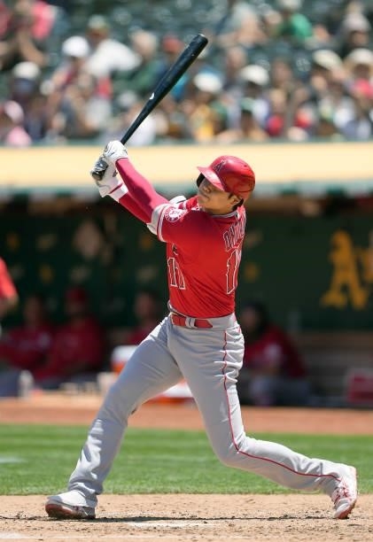 Shohei Ohtani of the Los Angeles Angels bats against the Oakland Athletics in the top of the fifth inning at RingCentral Coliseum on July 20, 2021 in...