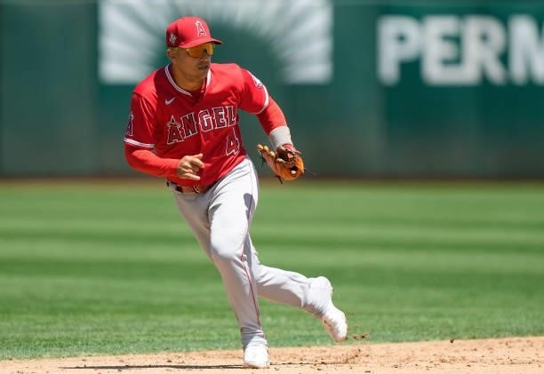 Jose Iglesias of the Los Angeles Angels reacts to a ground ball against the Oakland Athletics in the bottom of the fifth inning at RingCentral...