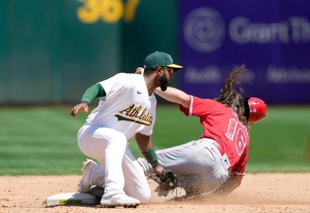 Brandon Marsh of the Los Angeles Angels steals second base sliding past the tag of Elvis Andrus of the Oakland Athletics in the top of the six inning...