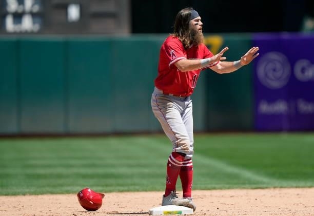Brandon Marsh of the Los Angeles Angels reacts after he was called out on an attempted steal at second base against the Oakland Athletics in the top...