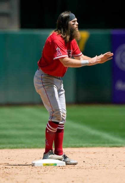 Brandon Marsh of the Los Angeles Angels reacts after he was called out on an attempted steal at second base against the Oakland Athletics in the top...