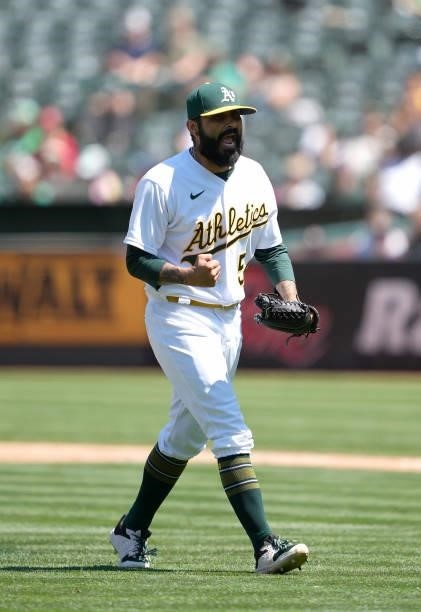 Sergio Romo of the Oakland Athletics reacts after striking out Shohei Ohtani of the Los Angeles Angels to end the top half of the seventh inning at...