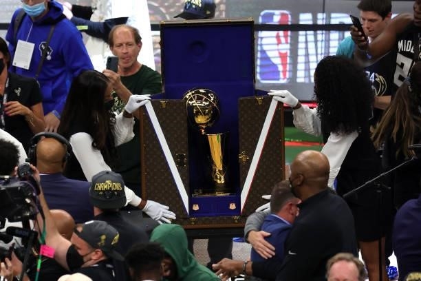 The NBA Finals trophy is displayed on the court after the Milwaukee Bucks defeated the Phoenix Suns in Game Six to win the 2021 NBA Finals at Fiserv...