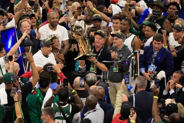 Owner Mark Edens of the Milwaukee Bucks celebrates after his team defeated the Phoenix Suns in Game Six to win the 2021 NBA Finals at Fiserv Forum on...