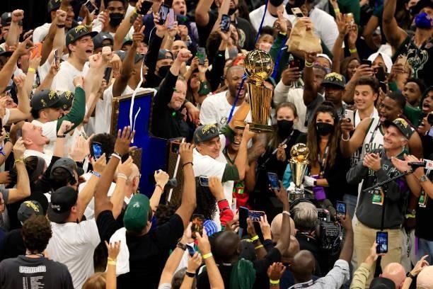 Owner Marc Lasry of the Milwaukee Bucks celebrates after his team defeated the Phoenix Suns in Game Six to win the 2021 NBA Finals at Fiserv Forum on...
