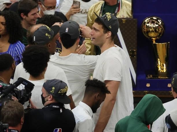 Brook Lopez of the Milwaukee Bucks celebrates defeating the Phoenix Suns in Game Six to win the 2021 NBA Finals at Fiserv Forum on July 20, 2021 in...
