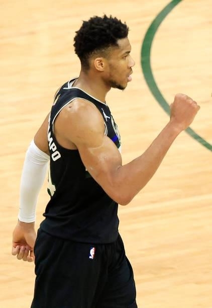Giannis Antetokounmpo of the Milwaukee Bucks celebrates in the final second before defeating the Phoenix Suns in Game Six to win the 2021 NBA Finals...