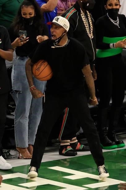Former Milwaukee Buck Brandon Jennings yells during the second half in Game Six of the NBA Finals between the Milwaukee Bucks and the Phoenix Suns at...