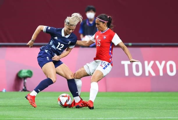 Rachel Daly of Team Great Britain is challenged by Daniela Zamora of Team Chile during the Women's First Round Group E match between Great Britain...