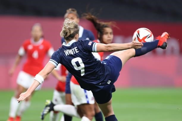 Ellen White of Team Great Britain scores their side's second goal during the Women's First Round Group E match between Great Britain and Chile during...