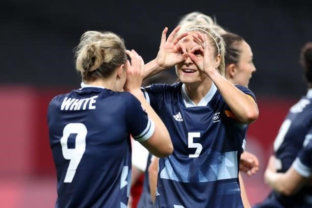 Ellen White of Team Great Britain celebrates with teammate Steph Houghton after scoring their side's second goal during the Women's First Round Group...