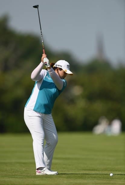 Inbee Park of Korea plays a shot during the Pro-Am prior to the start of the The Amundi Evian Championship at Evian Resort Golf Club on July 21, 2021...