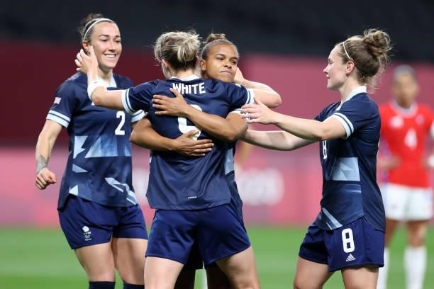 Ellen White of Team Great Britain celebrates with teammates after scoring their side's second goal during the Women's First Round Group E match...
