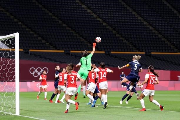 Christiane Endler of Team Chile punches the ball clear as empty stands can be seen during the Women's First Round Group E match between Great Britain...