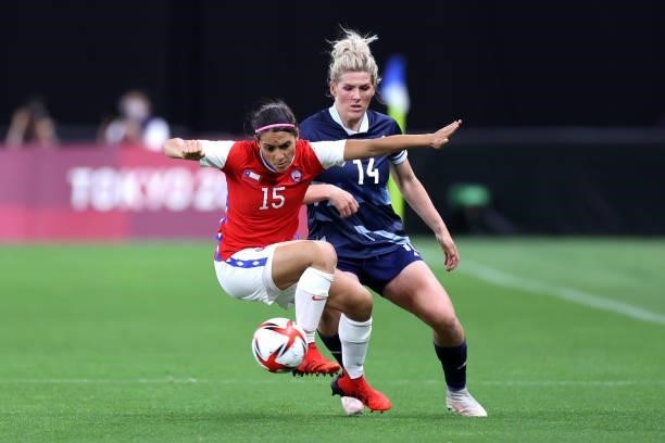 Daniela Zamora of Team Chile controls the ball whilst under pressure from Millie Bright of Team Great Britain during the Women's First Round Group E...