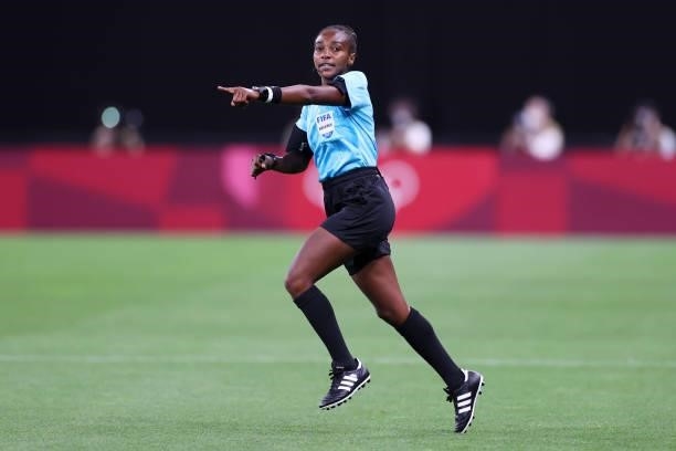 Match Referee, Salima Mukansanga gestures during the Women's First Round Group E match between Great Britain and Chile during the Tokyo 2020 Olympic...