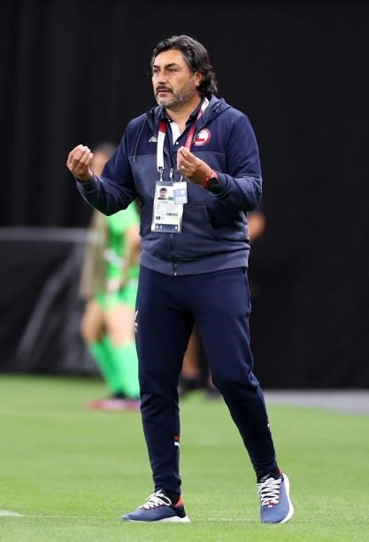 Jose Letelier, Head Coach of Team Chile reacts during the Women's First Round Group E match between Great Britain and Chile during the Tokyo 2020...