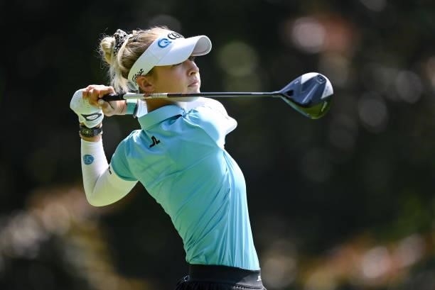 Nelly Korda of USA plays a shot during the Pro-Am prior to the start of the The Amundi Evian Championship at Evian Resort Golf Club on July 21, 2021...