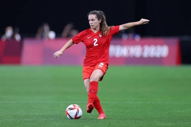 Allysha Chapman of Team Canada passes the ball during the Women's First Round Group E match between Japan and Canada during the Tokyo 2020 Olympic...
