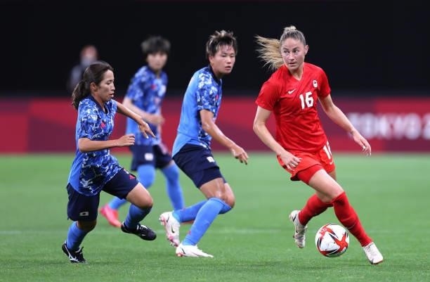 Janine Beckie of Team Canada on the ball during the Women's First Round Group E match between Japan and Canada during the Tokyo 2020 Olympic Games at...