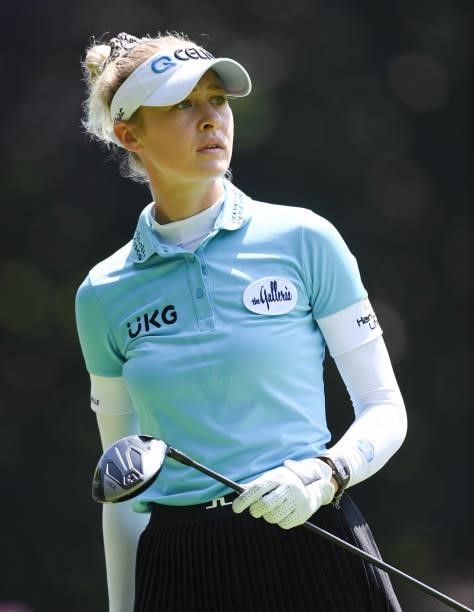 Nelly Korda of USA plays a shot during the Pro-Am prior to the start of the The Amundi Evian Championship at Evian Resort Golf Club on July 21, 2021...
