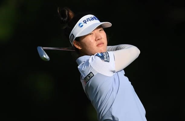 Jennifer Chang of USA plays a shot during the Pro-Am prior to the start of the The Amundi Evian Championship at Evian Resort Golf Club on July 21,...