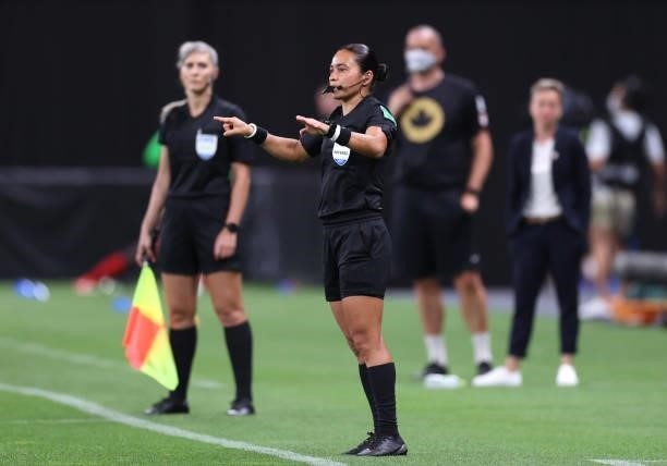 Match Referee, Edina Alves Batista awards a penalty for Team Japan after a VAR review during the Women's First Round Group E match between Japan and...