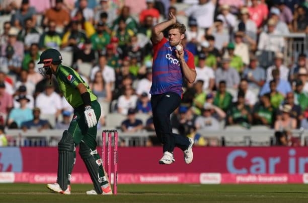 England bowler David Willey in bowling action during the 3rd Vitality T20 match between England and Pakistan at Emirates Old Trafford on July 20,...