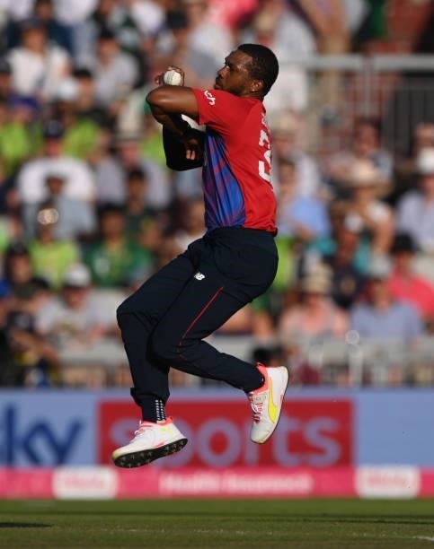 England bowler Chris Jordan in bowling action during the 3rd Vitality T20 match between England and Pakistan at Emirates Old Trafford on July 20,...