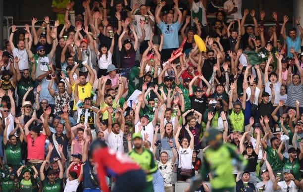The crowd partake in a Mexican Wave in the stands during the 3rd Vitality T20 match between England and Pakistan at Emirates Old Trafford on July 20,...