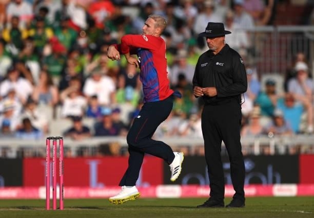 England bowler Liam Livingstone in action during the 3rd Vitality T20 match between England and Pakistan at Emirates Old Trafford on July 20, 2021 in...