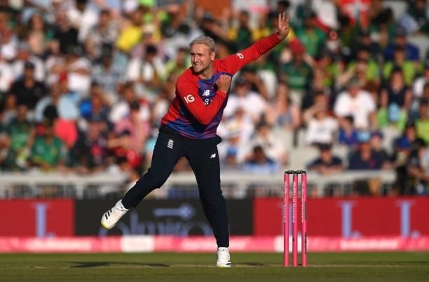 England bowler Liam Livingstone in action during the 3rd Vitality T20 match between England and Pakistan at Emirates Old Trafford on July 20, 2021 in...