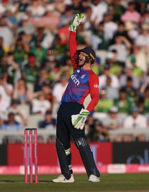 England wicketkeeper Jos Buttler appeals during the 3rd Vitality T20 match between England and Pakistan at Emirates Old Trafford on July 20, 2021 in...