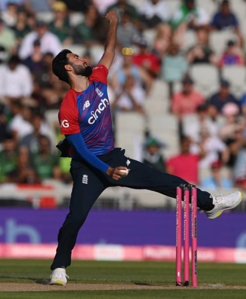 England bowler Saqib Mahmood in bowling action during the 3rd Vitality T20 match between England and Pakistan at Emirates Old Trafford on July 20,...