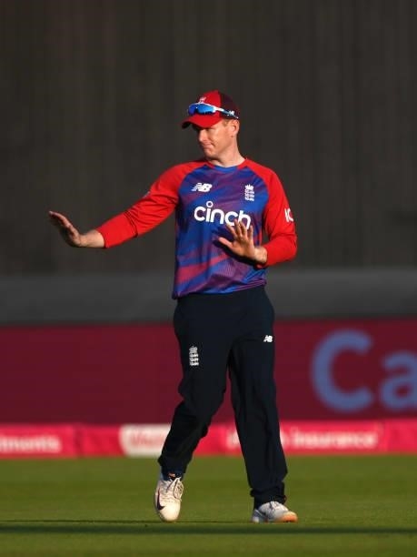 England captain Eoin Morgan sets his field during the 3rd Vitality T20 match between England and Pakistan at Emirates Old Trafford on July 20, 2021...