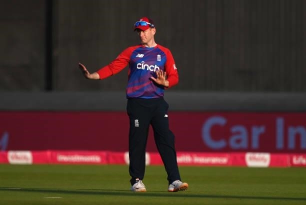 England captain Eoin Morgan sets his field during the 3rd Vitality T20 match between England and Pakistan at Emirates Old Trafford on July 20, 2021...