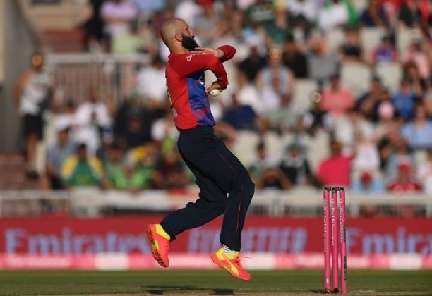 England bowler Moeen Ali in bowling action during the 3rd Vitality T20 match between England and Pakistan at Emirates Old Trafford on July 20, 2021...