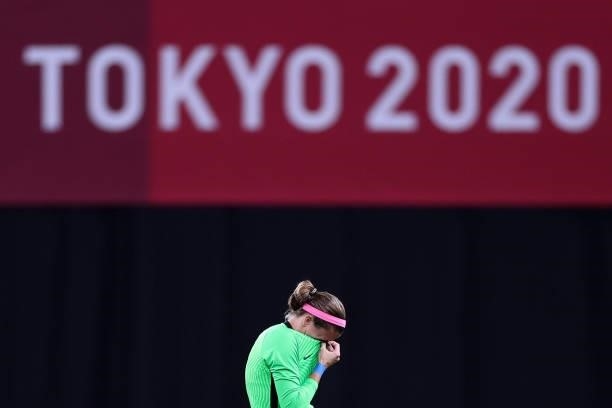 Stephanie Labbe of Team Canada looks dejected following the Women's First Round Group E match between Japan and Canada during the Tokyo 2020 Olympic...