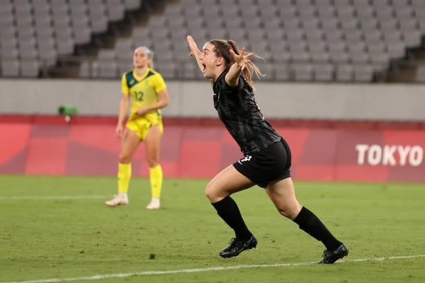 Gabi Rennie of Team New Zealand celebrates after scoring their side's first goal during the Women's First Round Group G match between Australia and...