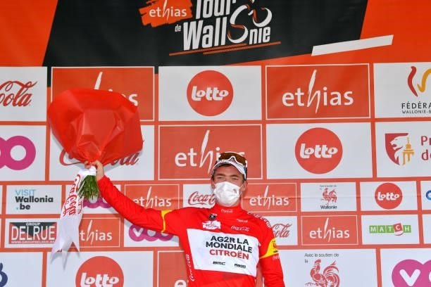 Stan Dewulf of Belgium and AG2R Citröen Team Red best young jersey celebrates at podium during the 42nd Tour de Wallonie 2021, Stage 1 a 185,7km...