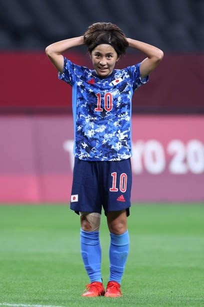 Mana Iwabuchi of Team Japan reacts during the Women's First Round Group E match between Japan and Canada during the Tokyo 2020 Olympic Games at...