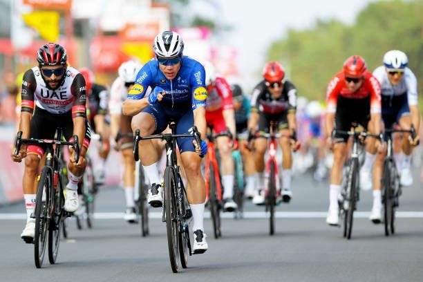 Fabio Jakobsen of Netherlands and Team Deceuninck - Quick-Step stage winner celebrates at arrival & Fernando Gaviria Rendon of Colombia and UAE Team...